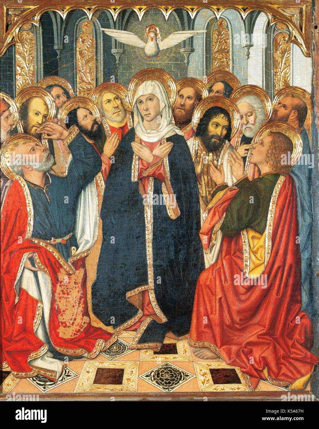 Gothic period. Table of Pentecost. From the Altarpiece of Constable of Portugal (1464-1465). Paint on wood. By Jaume Huguet (1414-1492). XV Century. Royal Chapel of Santa Agata. Barcelona, Catalonia. Spain. Stock Photo