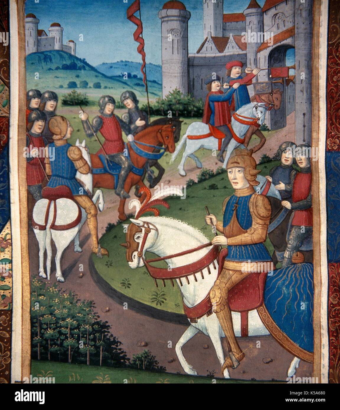 Lancelot Du Lac Miniature 14th Century Lancelot Is Welcomed With All The Honors In One French Village National Library Of Torino Italy Stock Photo Alamy