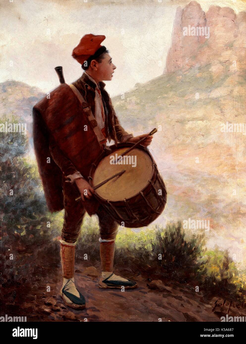 Spanish War of Independence. The Bruc Drum. Allegory. It commemorates the second and decisive battle of Bruc (14 June, 1808) against the French Army. The young drummer, called Isidret Lluça, only sixteen or seventeen years old, enlisted in the somaten. His drum roll, amplified by the echo of the mountains, deceived the French soldiers by giving the sensation that a huge army was coming to fight against them. Painting by F. Galofre. Town Hall of Manresa (province of Barcelona, Catalonia, Spain). Stock Photo