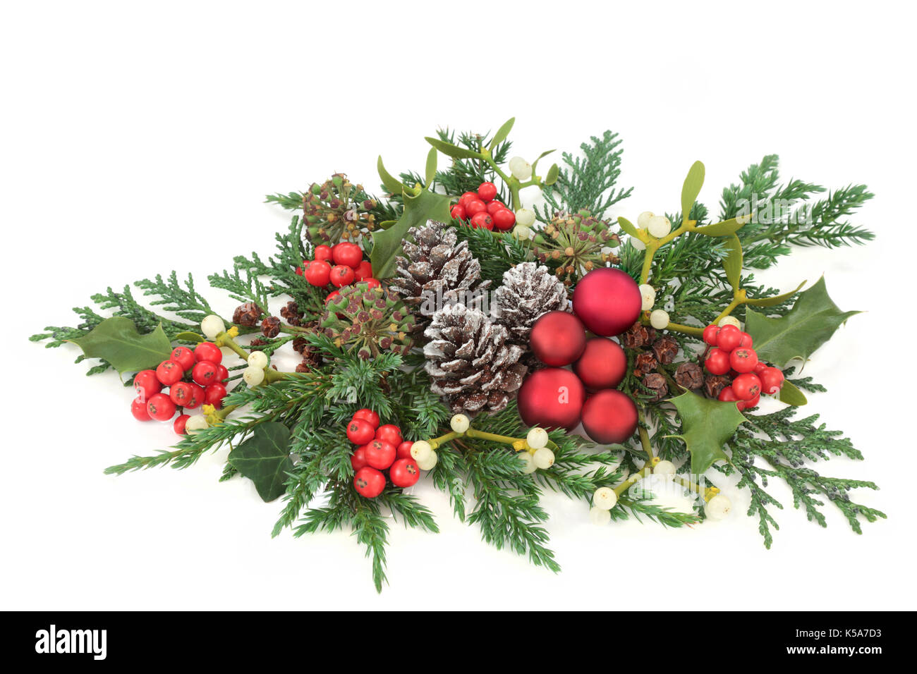 Christmas decorative display red bauble decorations, holly, ivy