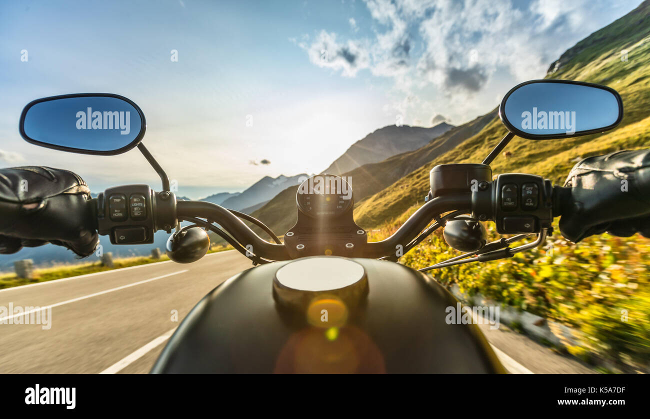 Detail of motorcycle handlebars. View from driver perspective