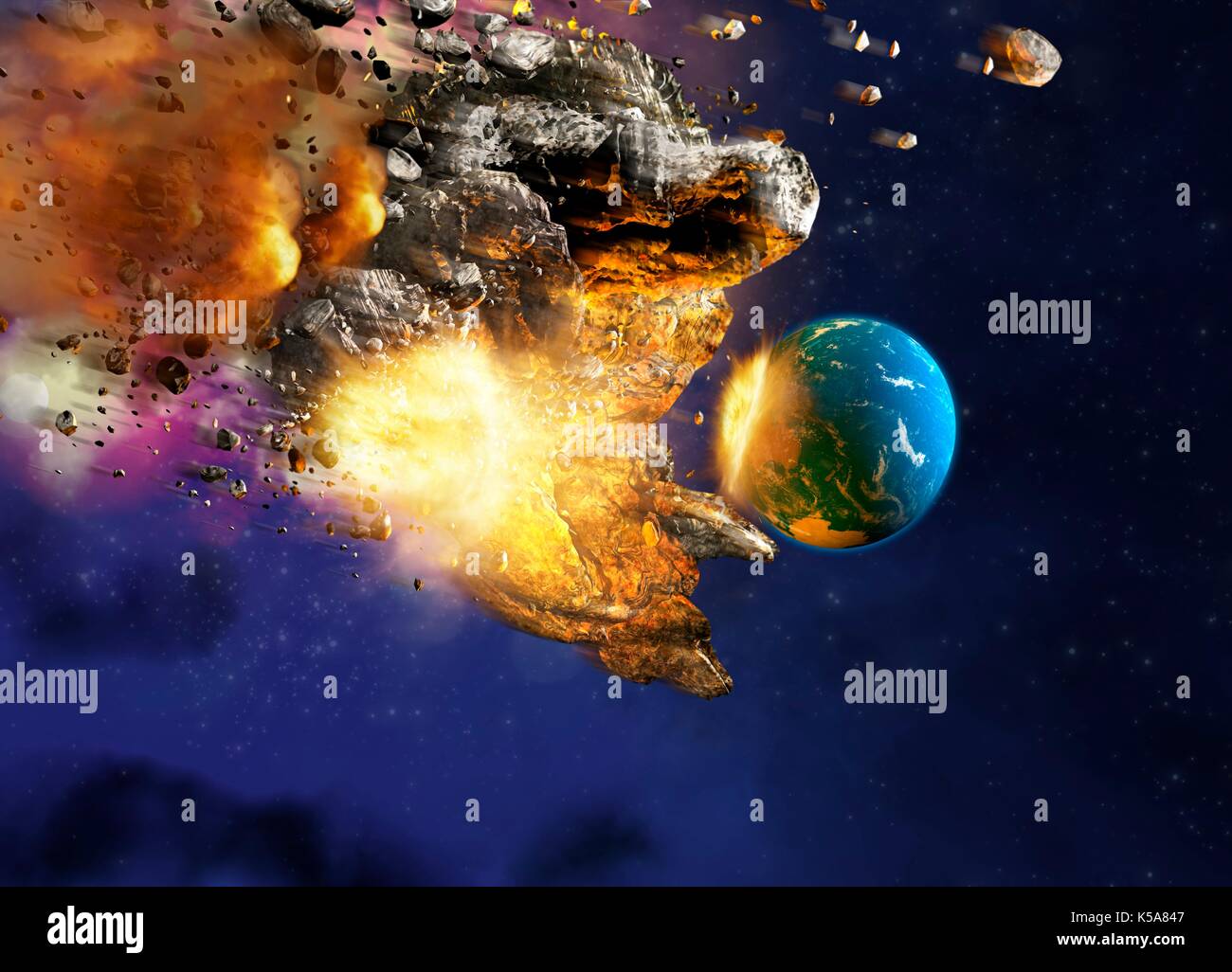 Meteor hitting planet Earth, illustration. Stock Photo