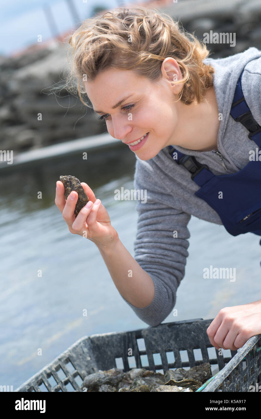 woman selling fresh oysters at farmers food market Stock Photo