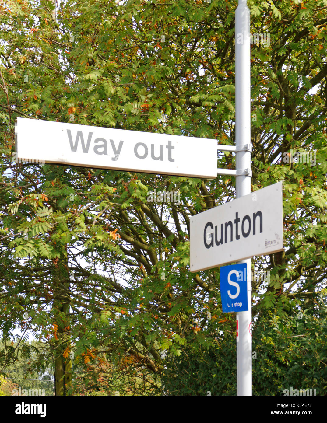 Signs on Gunton Station on the Bittern Line, Norfolk, England, United Kingdom, Europe. Stock Photo