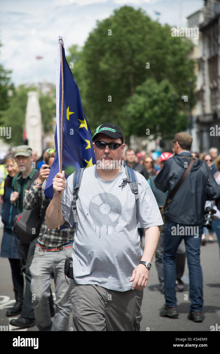 London, UK. 2nd July 2016. March for Europe - Man with hat and EU flag. Credit: A.Bennett Stock Photo
