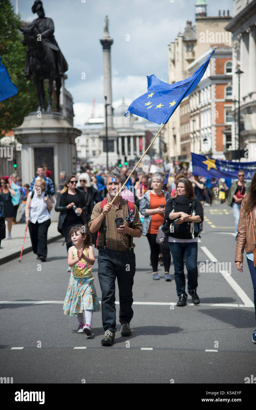 London, UK. 2nd July 2016. March for Europe - Man and child with EU flag. Credit: A.Bennett Stock Photo
