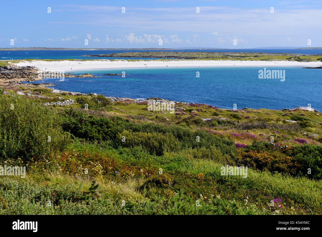 Distant view of white sands at Dog's Bay near Roundstone in Connemara
