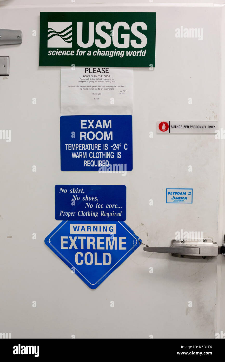 Denver, Colorado - The entrance to the 'exam room' where ice cores are cut and studied, at the National Ice Core Laboratory. The exam room is kept at  Stock Photo