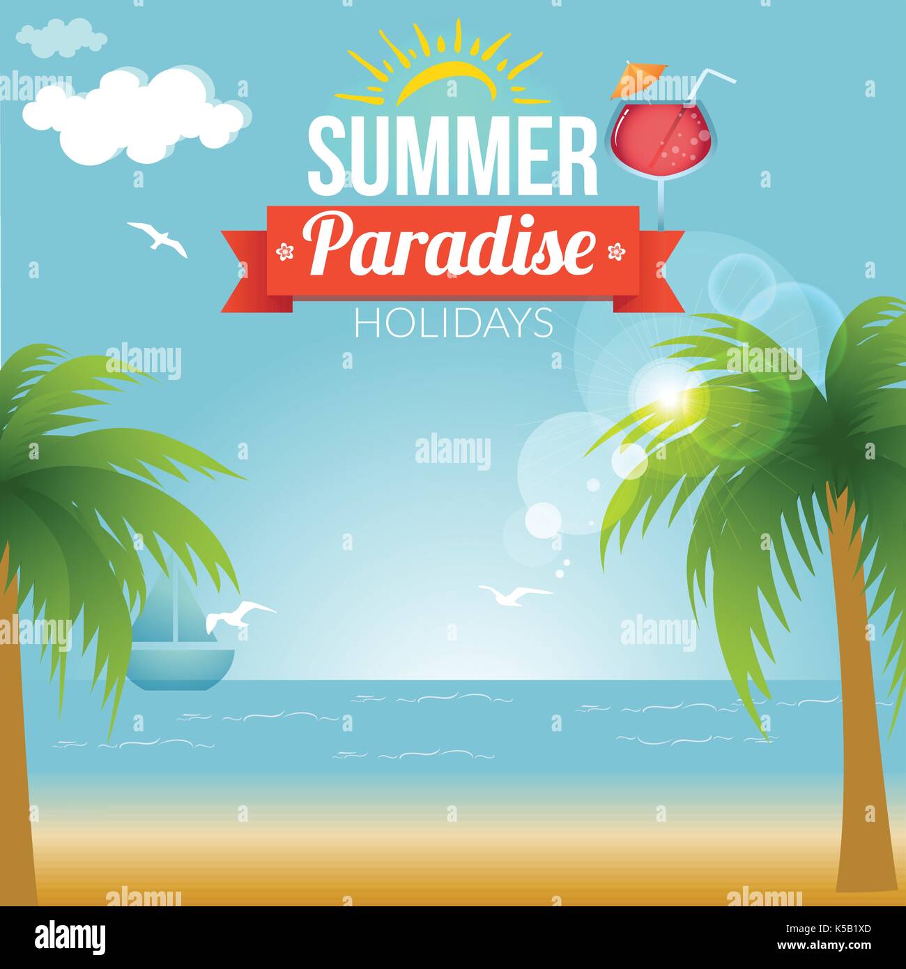 Summer beach vector background. Objects are organized on separate layers. Stock Vector