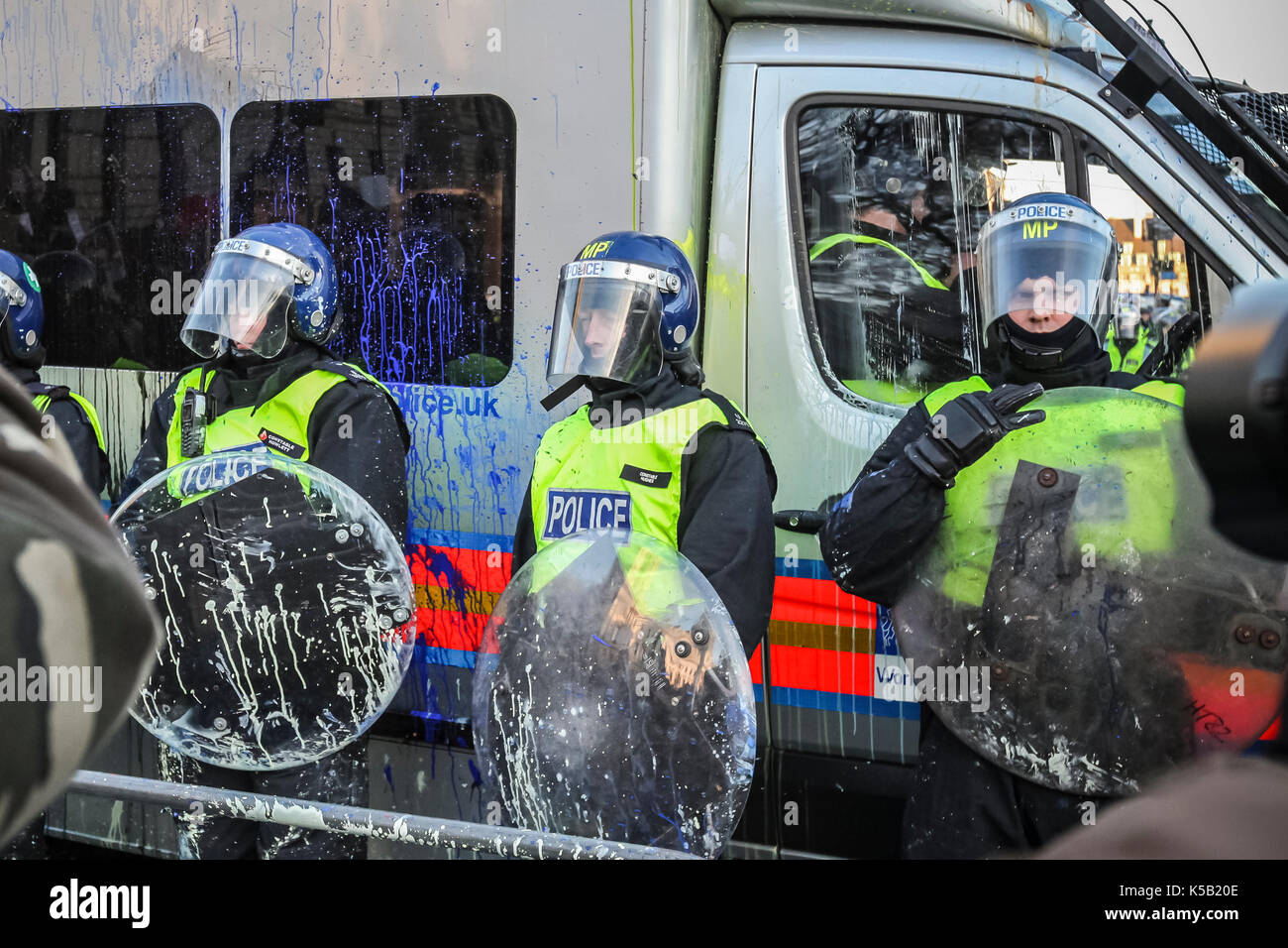 Paint bomb missles. Mass student protests and civil unrest in London against increases in university tuition fees. Stock Photo