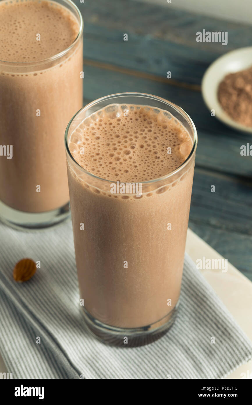 Healthy Homemade Chocolate Protein Shake with Almond Milk Stock Photo