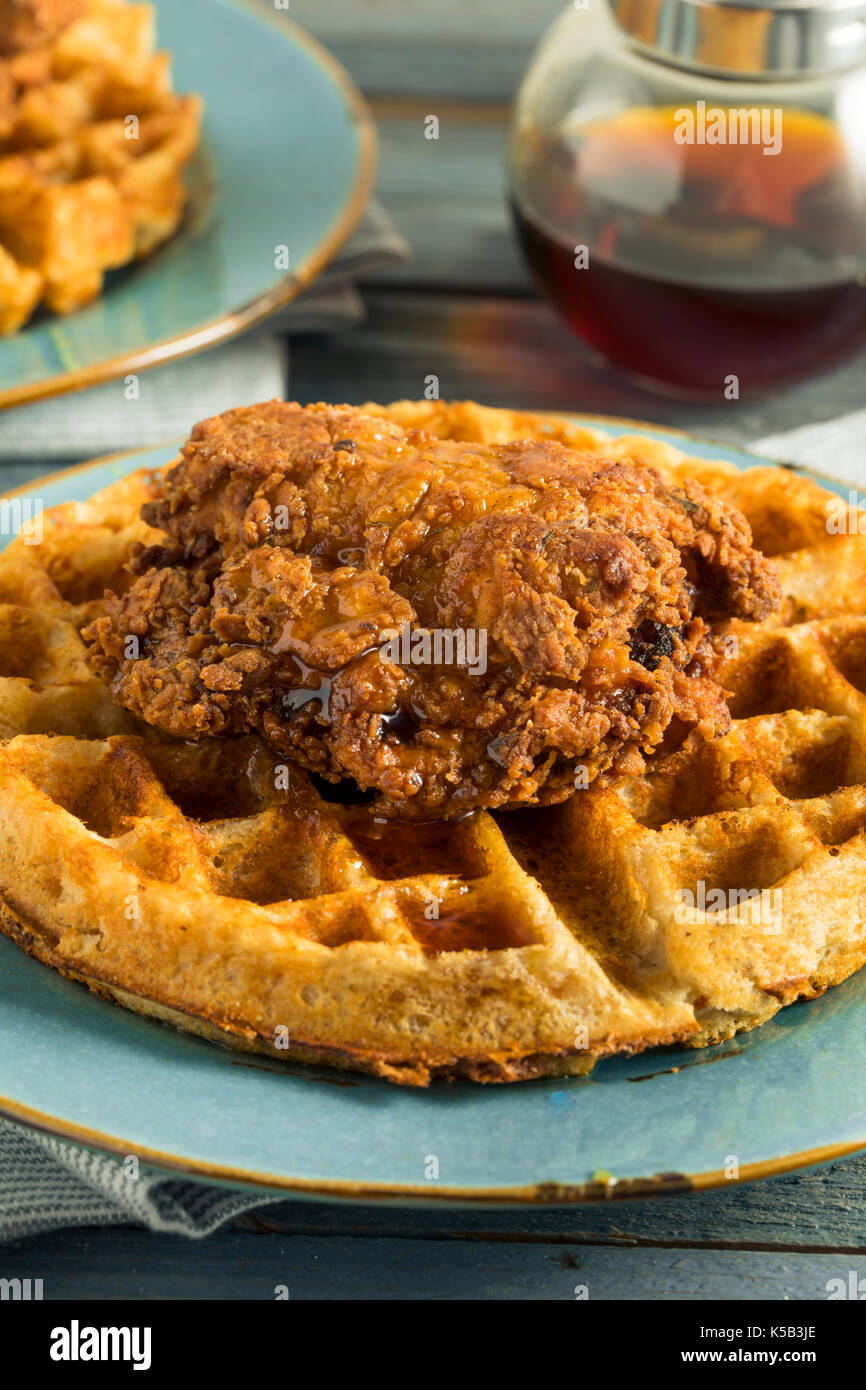 Homemade Southern Chicken and Waffles with Syrup Stock Photo Alamy