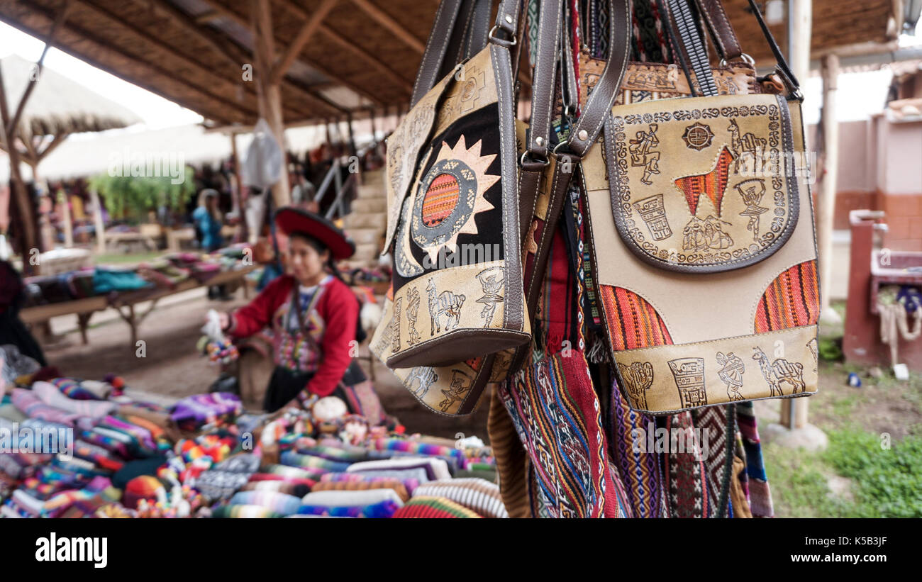 peruvian clothes and bags on the market Stock Photo