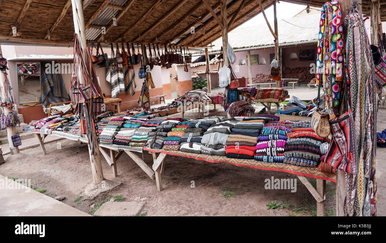 peruvian clothes and bags on the market Stock Photo