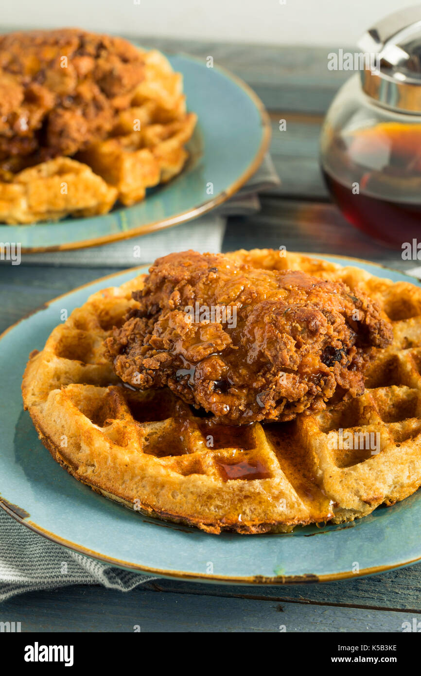 Homemade Southern Chicken and Waffles with Syrup Stock Photo Alamy