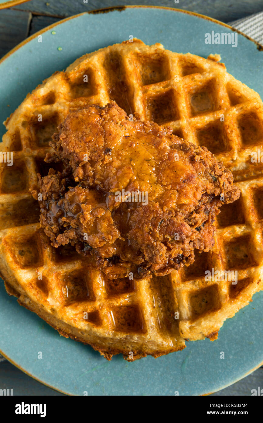 Homemade Southern Chicken and Waffles with Syrup Stock Photo Alamy