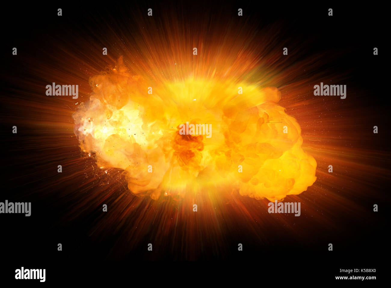 Realistic fire explosion, orange blast with sparks isolated on black background Stock Photo