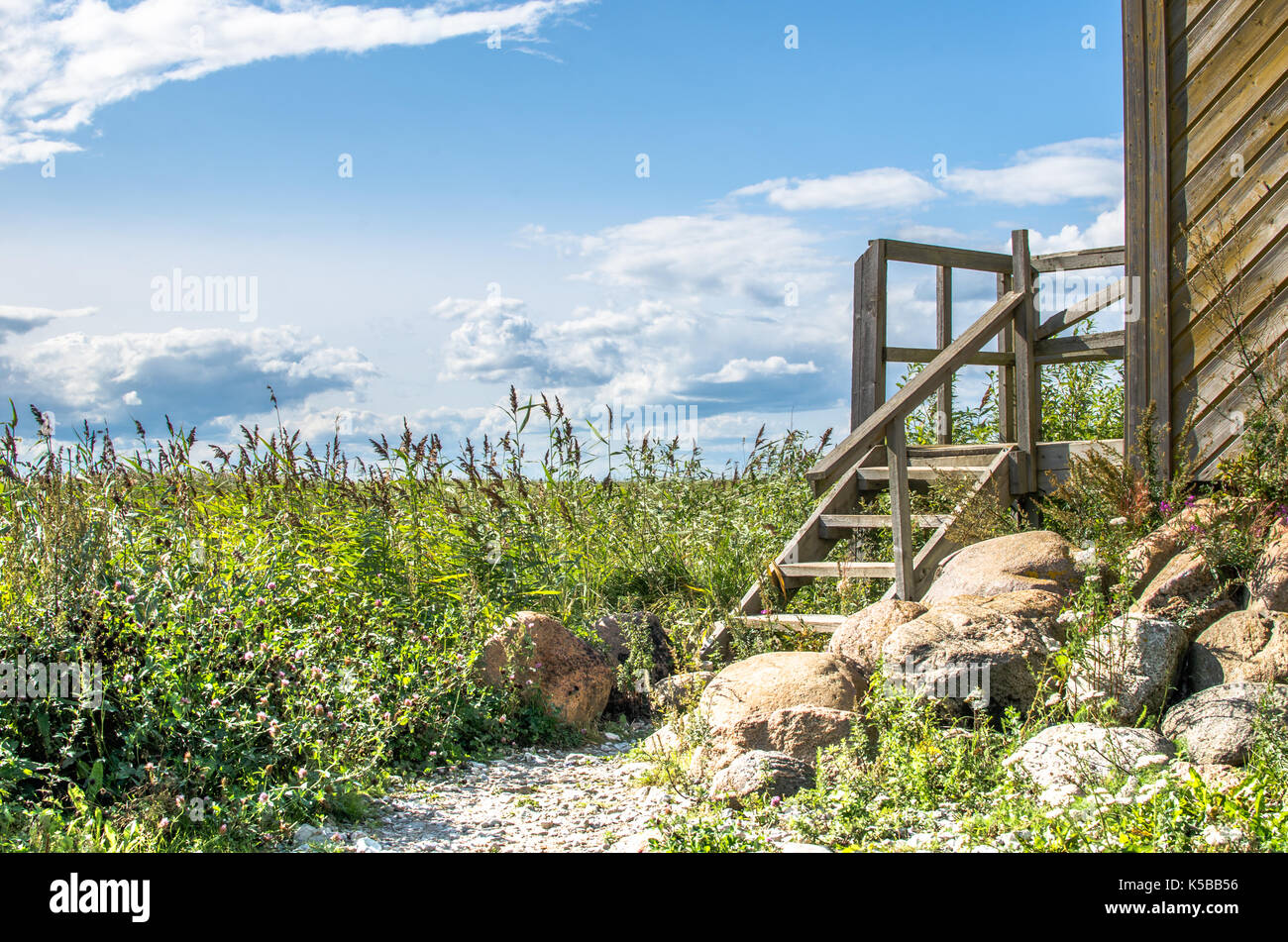 The stair way to the Joesuu watchtower by the shores of Lake Võrtsjärv  in Viljandi County on a beautiful summer's day, Estonia Stock Photo