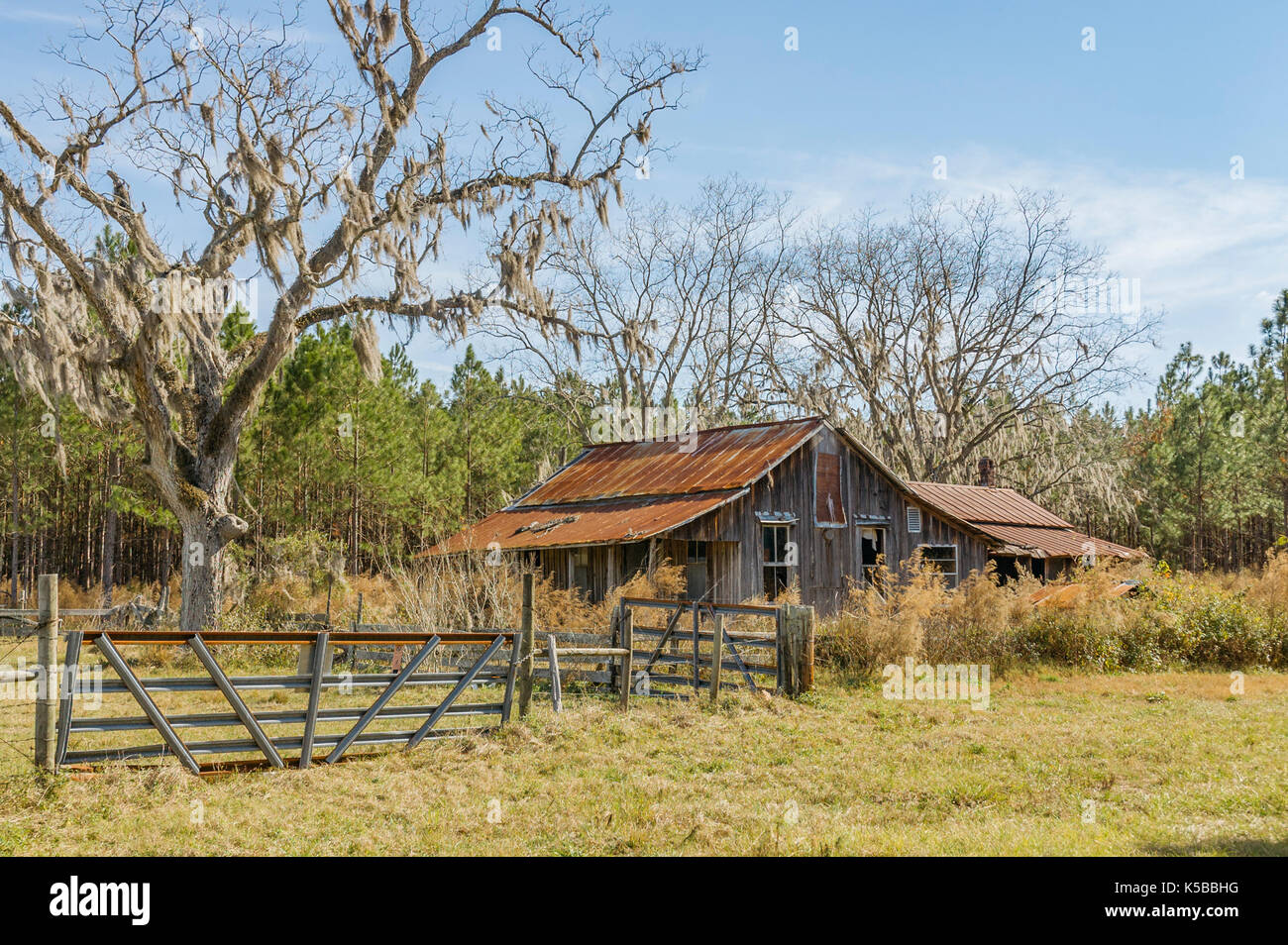 Old rural southern wooden farmhouse with a rusty metal roof that has ...