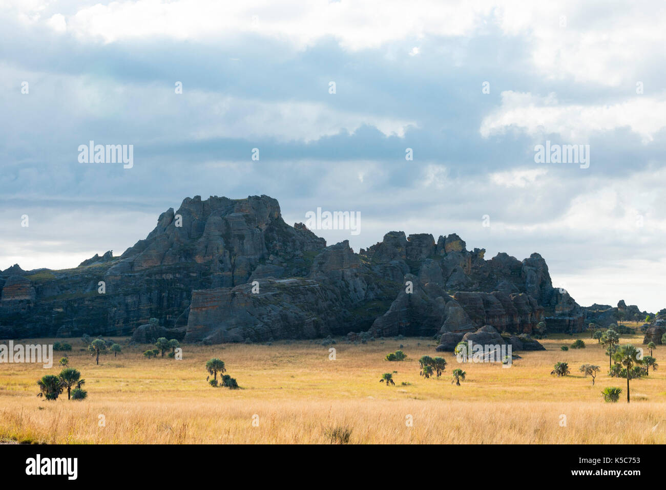 Sandstone formations jutting out from grassland, Isalo National Park, Madagascar Stock Photo