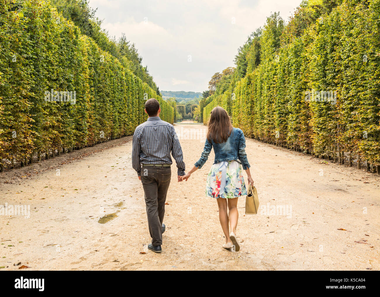 Rear image of a young couple walking hand in hand in a park in autumn ...