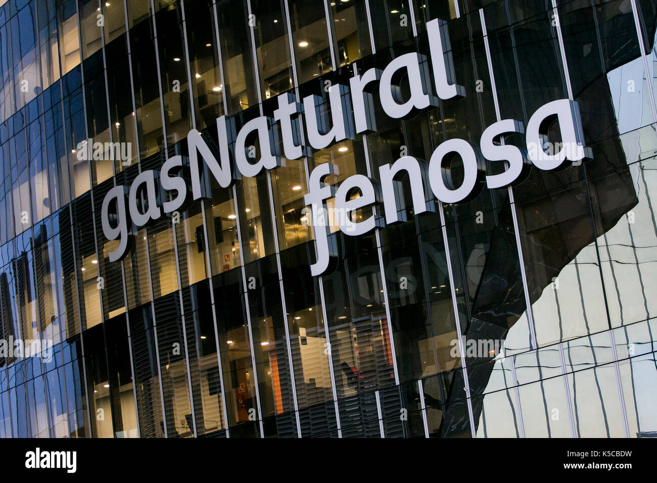 A logo sign outside of the headquarters of Gas Natural Fenosa in Barcelona, Spain on August 24, 2017. Stock Photo