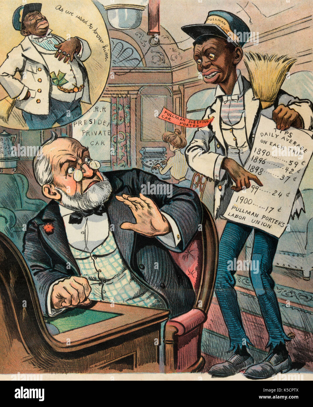 The Pullman porter's 'kick' - Illustration shows a thin, tattered 'Pullman Sleeping Car Porter' holding a piece of paper 'Tips Daily Average on each Trip' which shows a 70% reduction in tips between 1890 and 1900, at the bottom it states 'Pullman Porter's Labor Union.' He is appealing to the president of the railroad company to become a salaried employee. An insert shows the Pullman porter 'As we used to know him,' plump, with his pockets stuffed with cash and with rings on his fingers. Political Cartoon, circa 1901 Stock Photo