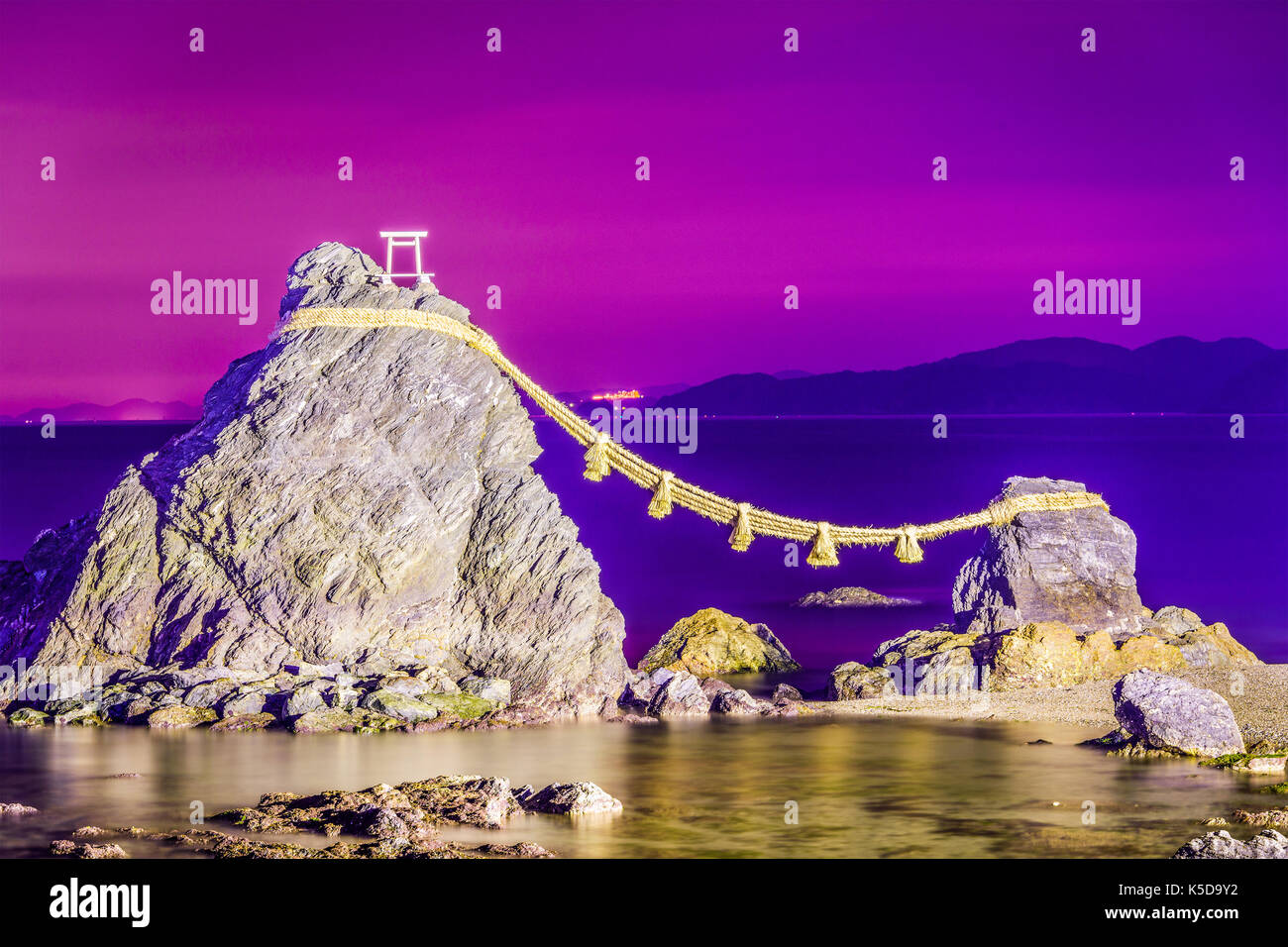 Meoto Iwa Rock of Ise, Japan. Stock Photo