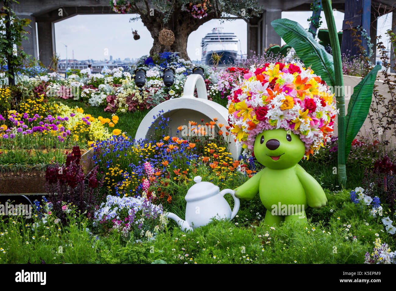 Flower gardens at the waterfront at the port city of Yokohama, Japan