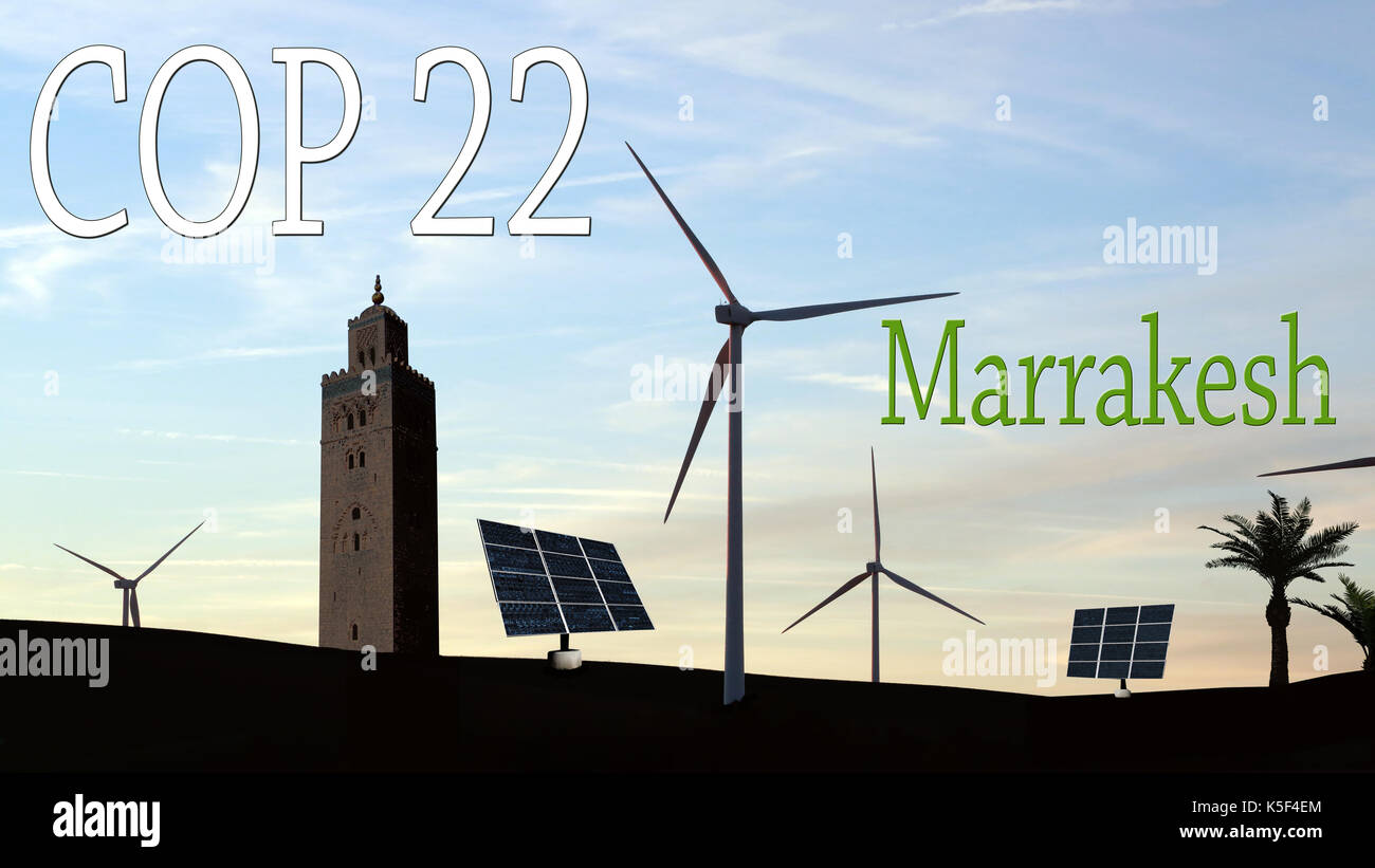 COP 22 in Marrakesh, Morocco - Wind Turbines and Solar Panels in a Moroccan Landscape Stock Photo