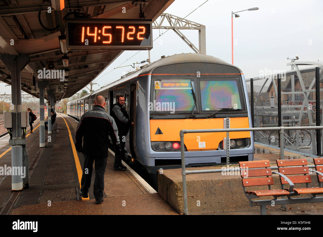 Greater Anglia train for Walton on Naze at platform, railway station, Colchester, Essex, England, UK Stock Photo