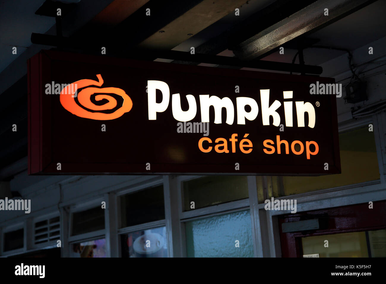 Pumpkin cafe shop sign at railway station, Colchester, Essex, England, UK Stock Photo