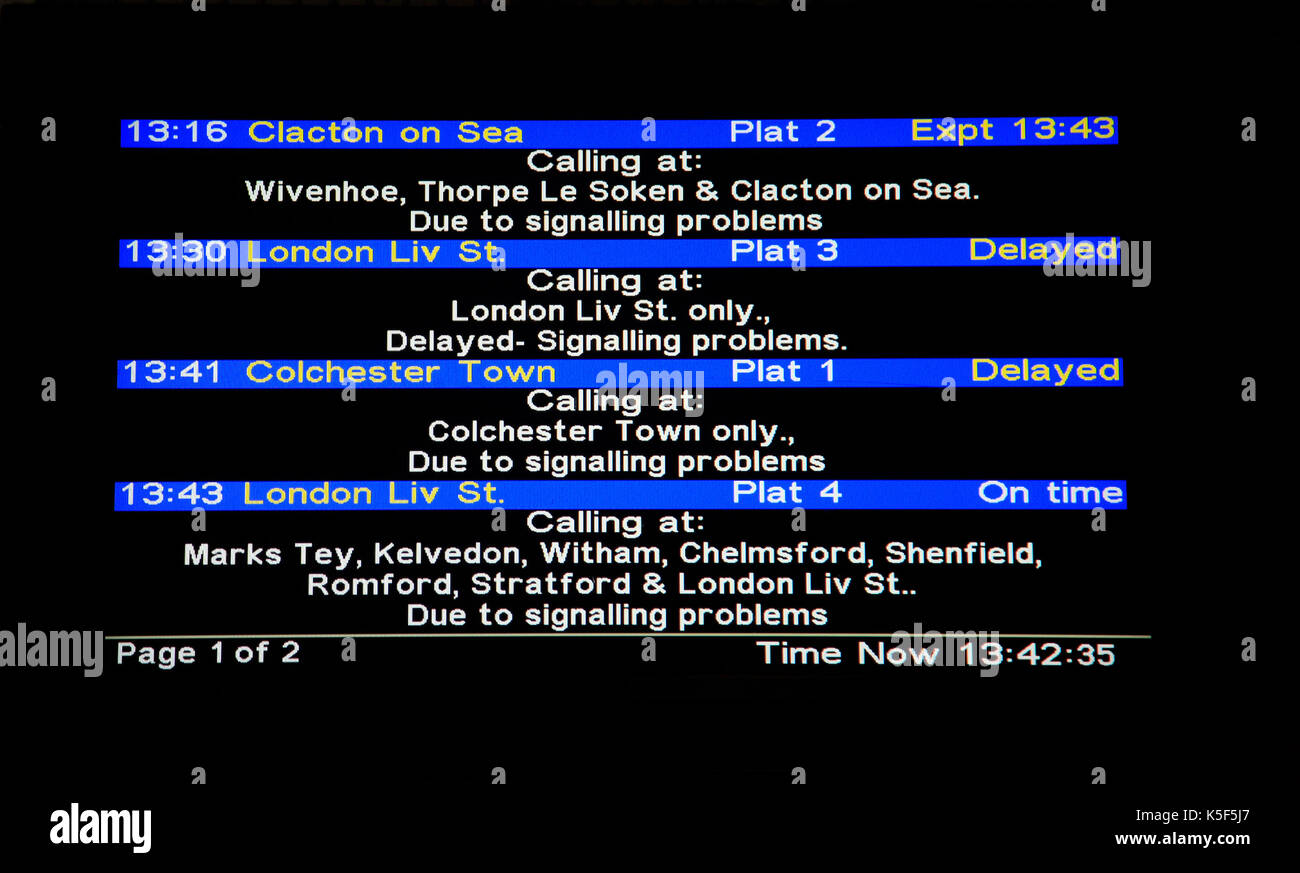 Delayed train journeys electronic information notice, Colchester, Essex, England, UK Stock Photo