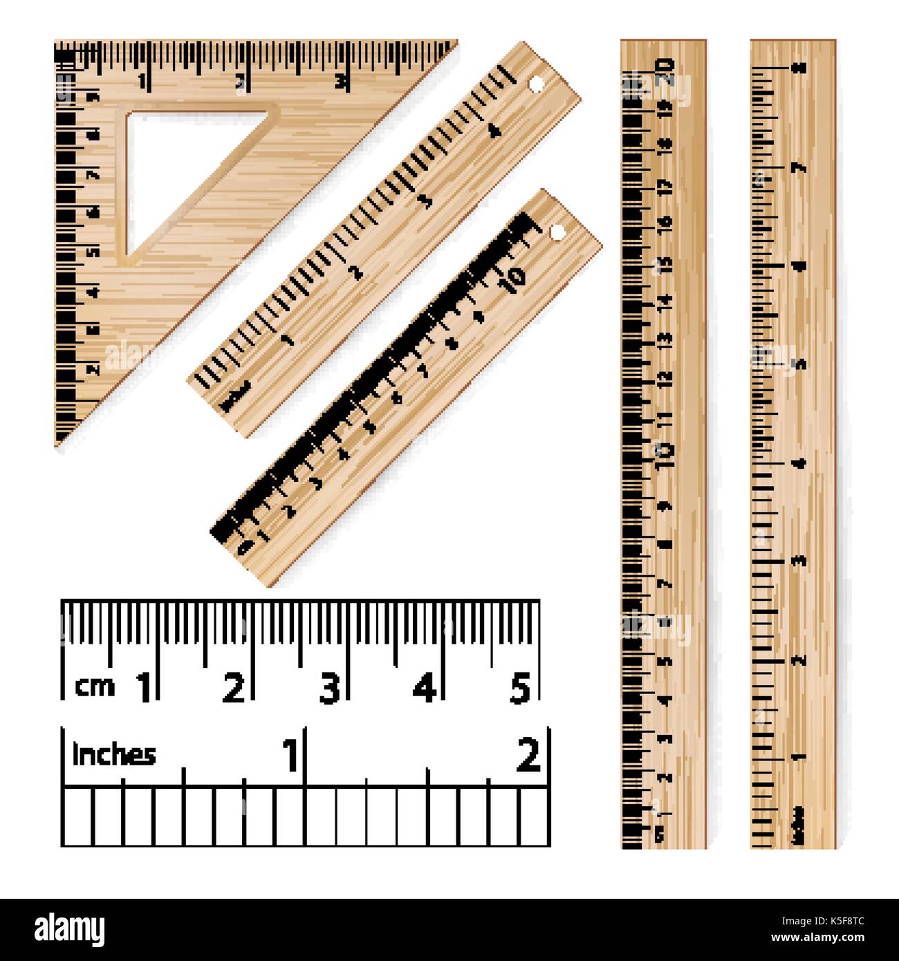 School Rulers Vector. Realistic Classic Wooden Metric Imperial Ruler