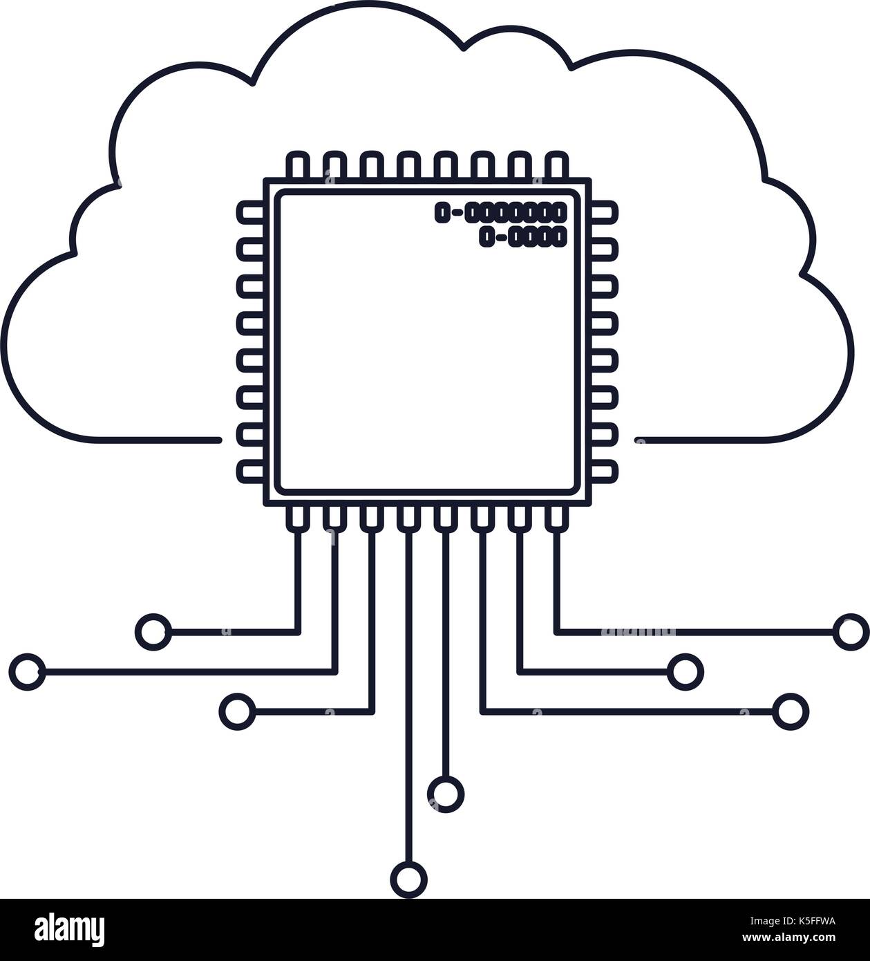 cloud storage data and cpu microprocessor icon monochrome silhouette Stock Vector
