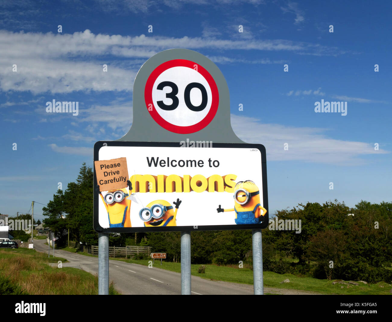 The 'Minions' sign at Minions, Bodmin Moor.  The signs were erected by Cornwall Council and paid for by Universal Studios to promote their 2015 film. Stock Photo