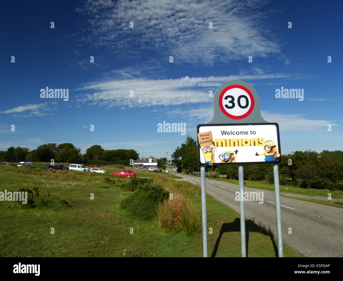 The 'Minions' sign at Minions, Bodmin Moor.  The signs were erected by Cornwall Council and paid for by Universal Studios to promote their 2015 film. Stock Photo
