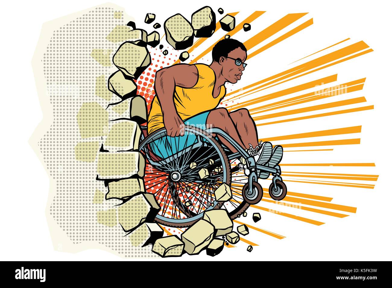Black male athlete in a wheelchair punches the wall Stock Vector