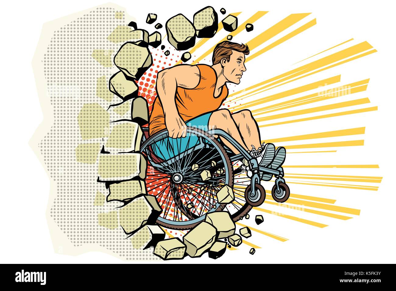 Caucasian male athlete in a wheelchair punches the wall Stock Vector