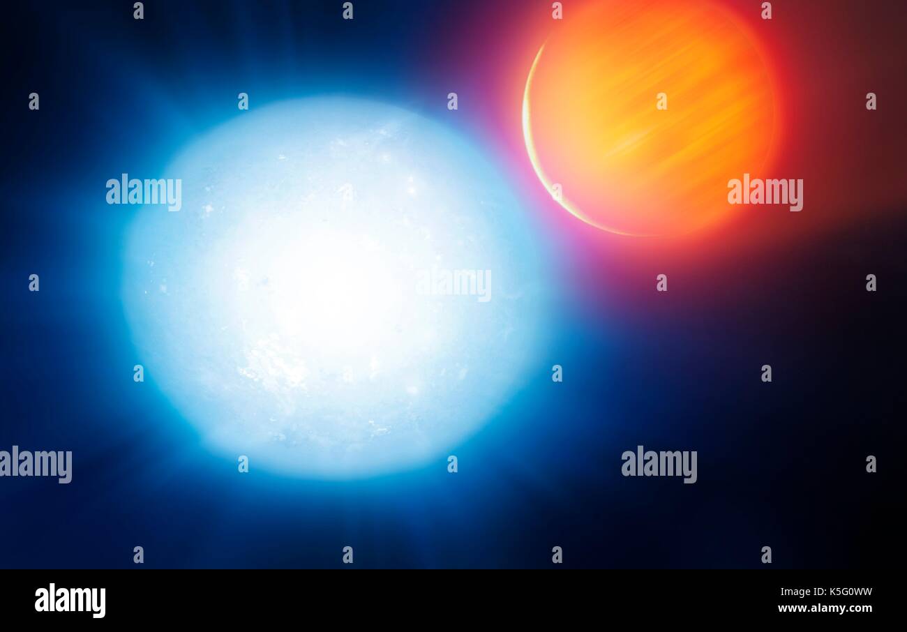 Artist's impression of the hottest know exoplanet, Kelt-9b. Kelt-9 is a hot, A-type star with a temperature almost twice that of the Sun. Astronomers have found an extrasolar planet orbiting this star at such close proximity that it completes an orbit in a mere 36 hours. This means that the planet is hotter, at around 4600 Kelvin, than the majority of stars. The relentless radiation from the star is evaporating the planet at a phenomenal rate. Ten billion grams of matter are stripped away from the planet every second, forming a comet-like tail behind it. Stock Photo