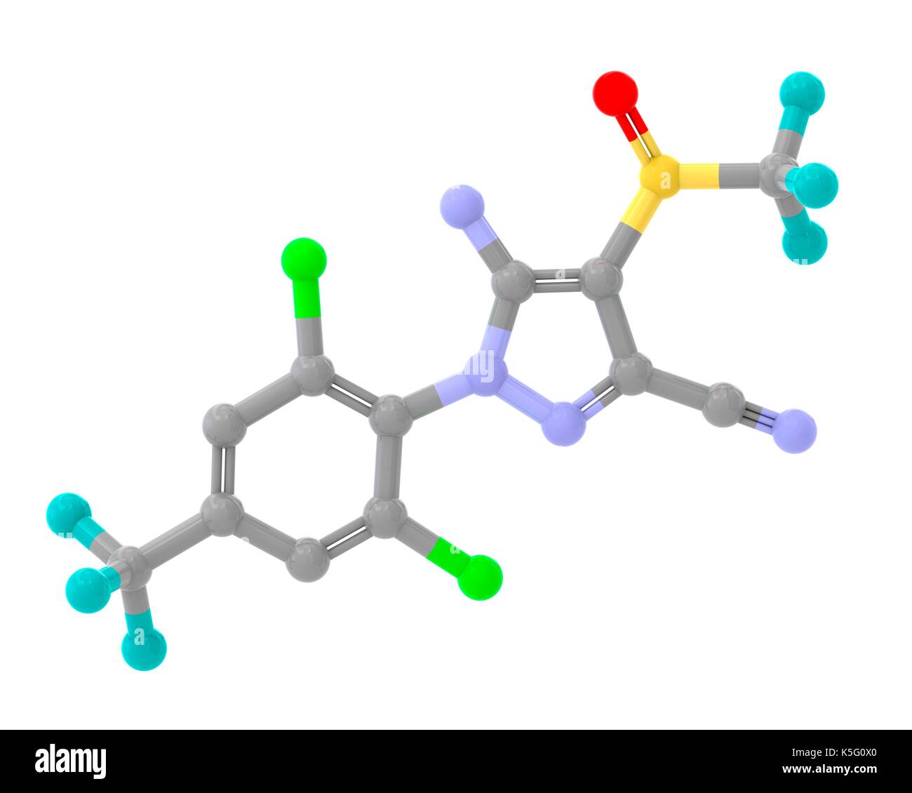 Fipronil insecticide, ball and stick molecular model. Atoms are represented  as spheres with colour coding: carbon (grey), oxygen (red), nitrogen  (blue), chlorine (green), fluorine (cyan), sulphur (yellow). Hydrogens are  hidden Stock Photo -
