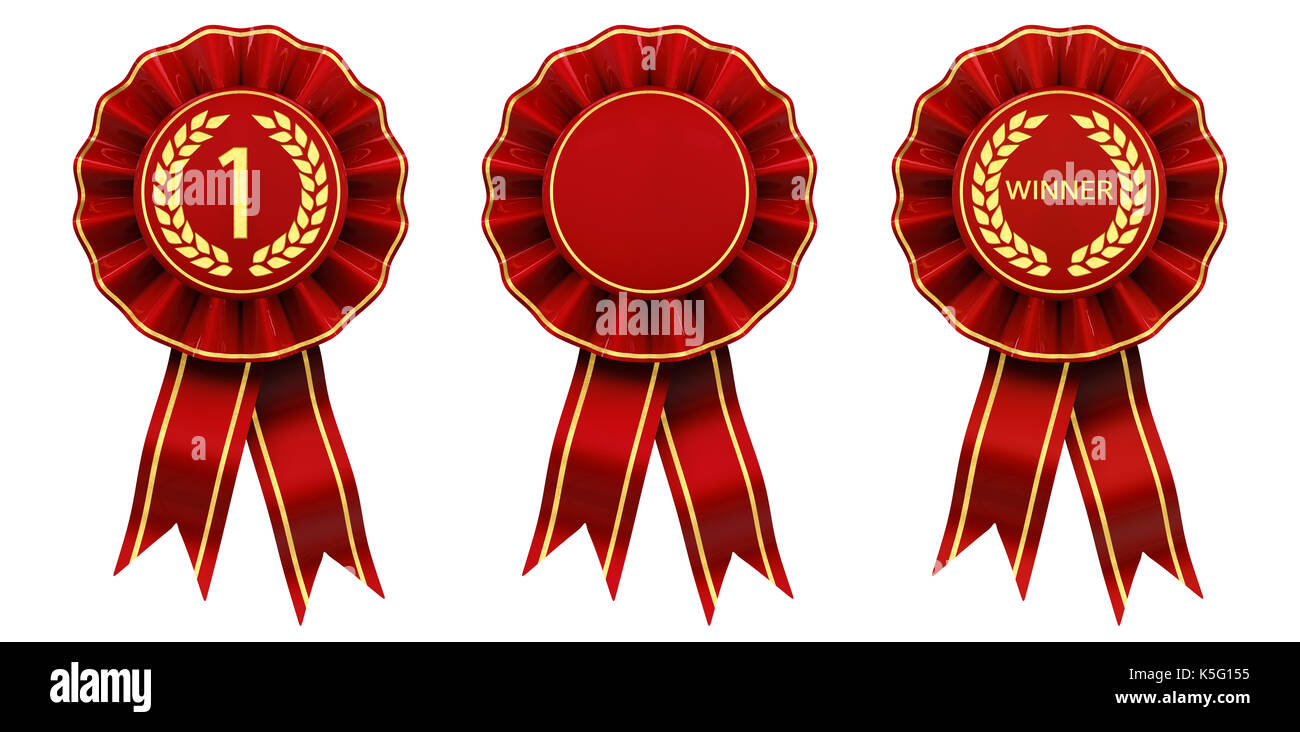 First place winner ribbon cockades , Set of red and gold rosettes isolated  on white Stock Photo - Alamy