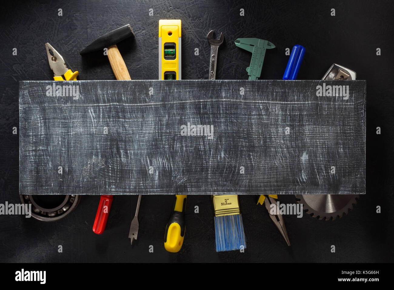 tools and instruments on wooden background Stock Photo