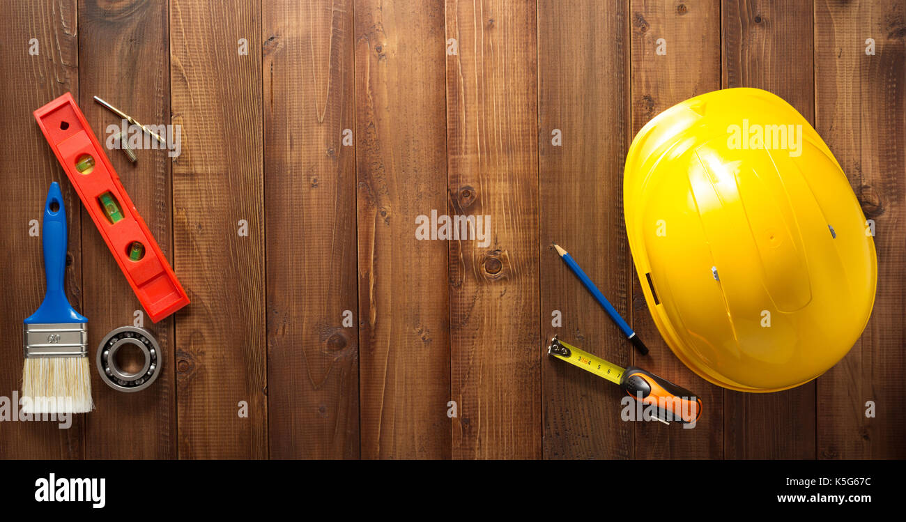 tools and instruments on wooden background Stock Photo