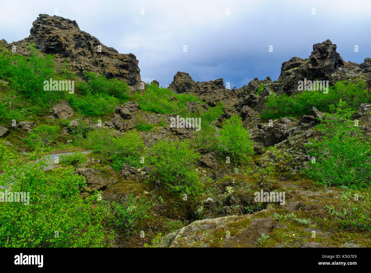 The Dimmuborgir area, with various volcanic caves and rock formations. Near Lake Myvatn, Northeast Iceland Stock Photo