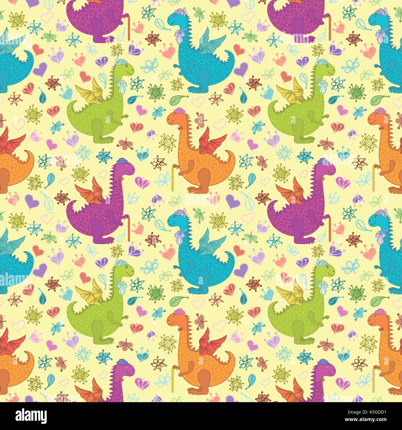 Seamless pattern, cartoon colorful Dragons Stock Vector