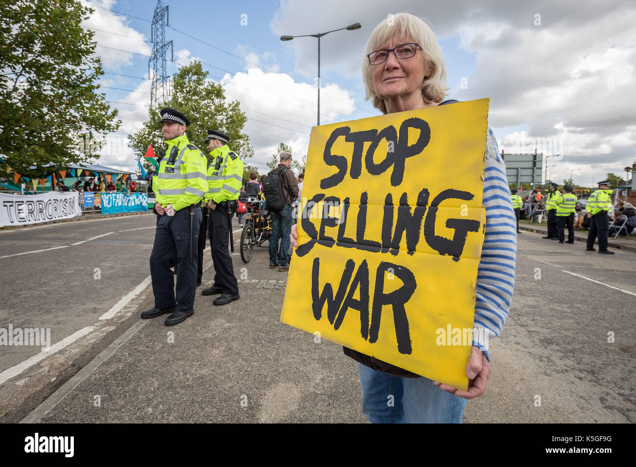London, UK. 9th Sept, 2017. Anti-war protests continue against DSEi Arms Fair (Defence & Security Equipment International) - the world's largest biggest arm fair held at Excel Centre in east London. Credit: Guy Corbishley/Alamy Live News Stock Photo