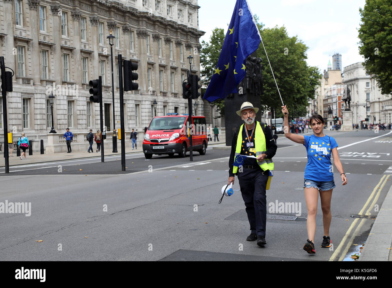 London, UK. 9th Sept, 2017. Two pro-EU demonstrators march down Whitehall, central London just ahead of the People's March for Europe, on 9 September 2017 Credit: Dominic Dudley/Alamy Live News Stock Photo