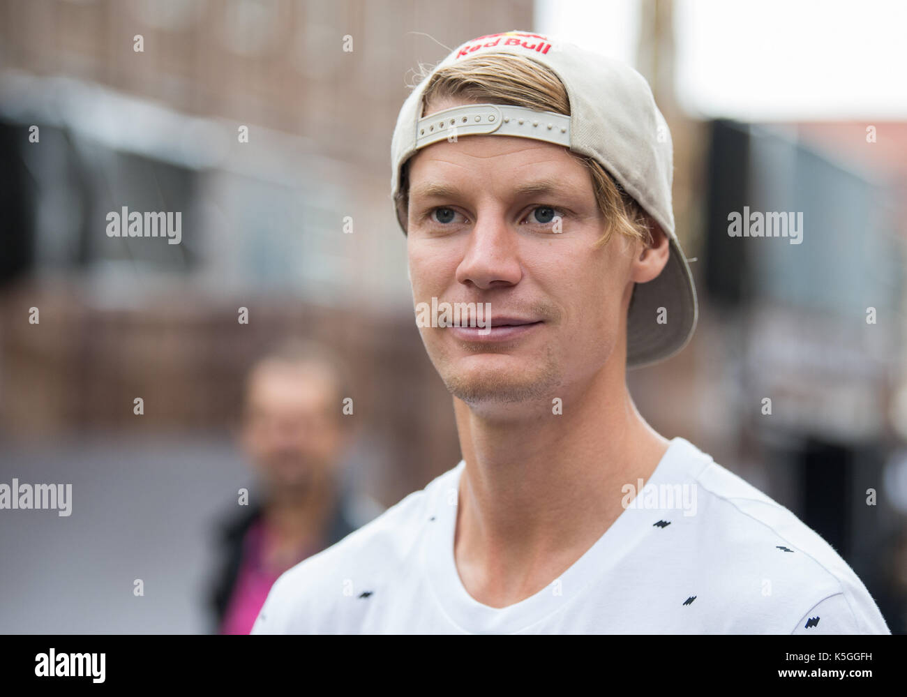 Nuremberg, Germany. 2nd Sep, 2017. The Swedish professional mountain biker Martin Söderström talks to journalists at the Red Bill District Ride event in Nuremberg, Germany, 2 September 2017. Martin Söderström designed a track in the centre of the city upon which bikers can demonstrate their skills. The event was previously held in 2005, 2006, 2011 and 2014. Photo: Silas Stein/dpa/Alamy Live News Stock Photo