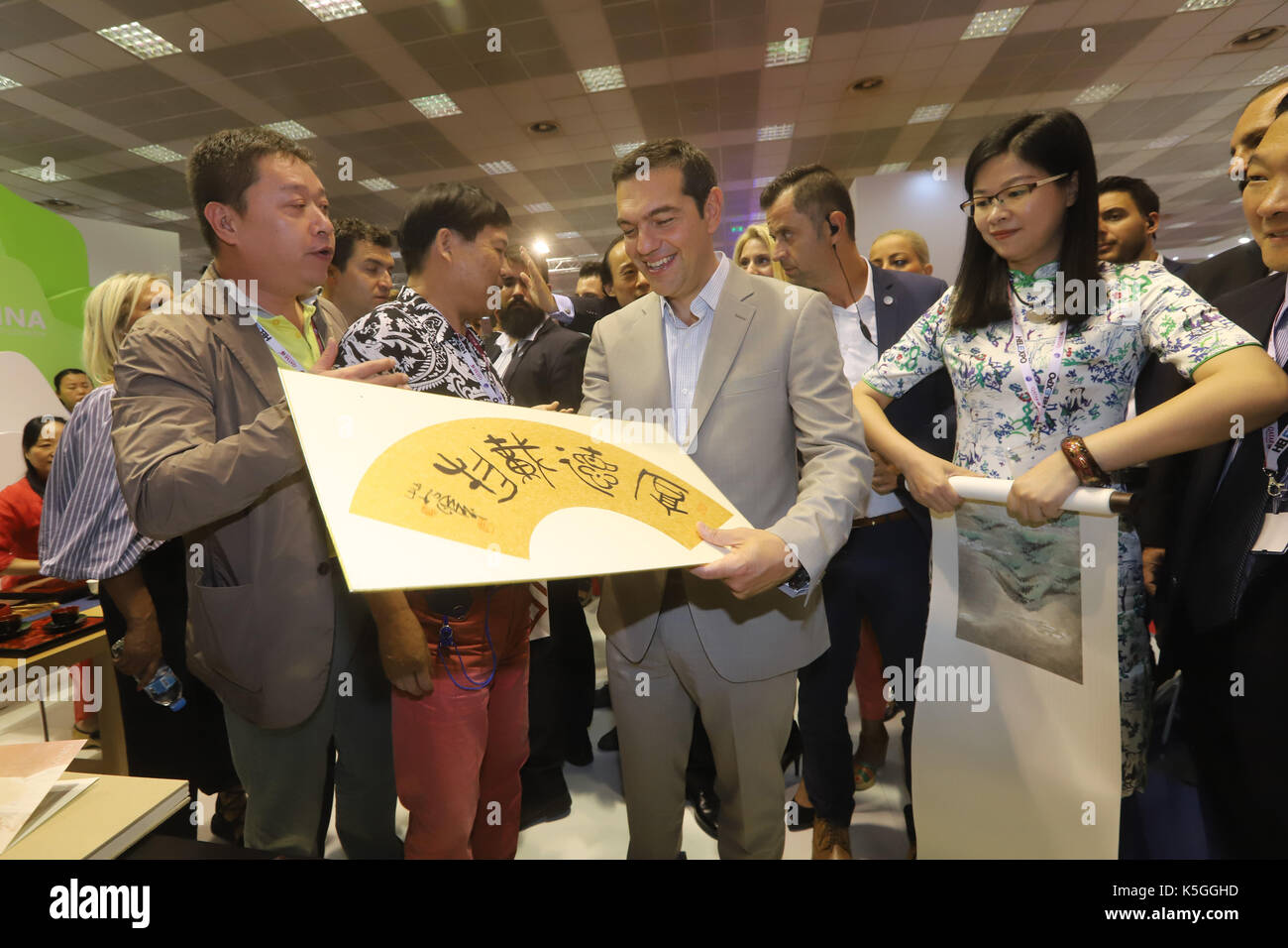 Greece's Prime Minister Alexis Tsipras is pictured while visiting the 82th Thessaloniki International trade fair in the China section exhibition. In the city of Thessaloniki in Greece, on September 09, 2017. Stock Photo